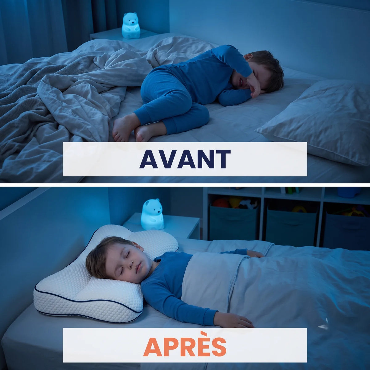 Avant apres : enfant agite sur oreiller classique puis paisible sur l'oreiller Doudou Sommeil